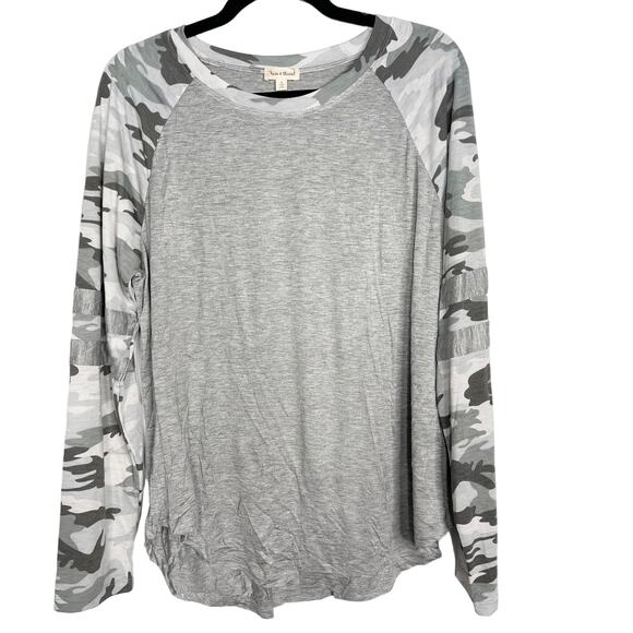 New Hem & Thread Large L Gray Heather Camo Print Long Raglan Sleeve Tee Tshirt - Picture 1 of 10